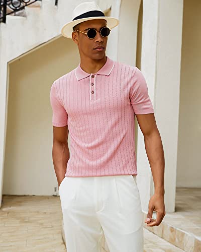 Kallspin Men's Vintage Knitted Polo Shirt Short Sleeve Solid Collared Golf Shirts with Button (Pink XXX-Large
