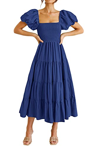 PRETTYGARDEN Women's Casual Summer Midi Dress Puffy Short Sleeve Square Neck Smocked Tiered Ruffle Dresses (Blue,Medium)