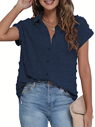 BOTHENIAL Oversized Button Down Shirts for Women Short Sleeve Business Casual Tops Office Work Fall Clothes (Navy Blue,XX-Large)