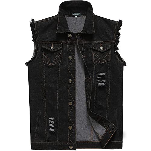 NASKY Men's Fit Retro Ripped Denim Vest Sleeveless Jean Vest and Jacket (Medium, Black)