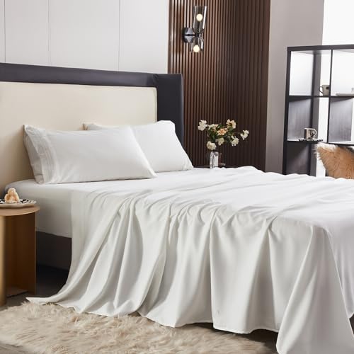 DERBELL Bed Sheet Set - Brushed Microfiber Bedding - Bedding Sheets & Pillowcases - Deep Pockets - Easy Fit - Breathable & Cooling Sheets- 4 Piece Queen White Sheets