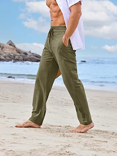 PASLTER Mens Casual Linen Pants Loose Fit Straight-Legs Elastic Drawstring Waist Summer Beach Yoga Long Pants