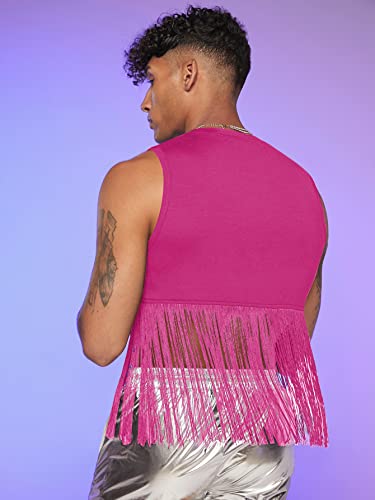 GORGLITTER Men's Fringe Hem Crop Tank Top Round Neck Sleeveless Crop Tops Hot Shirts Hot Pink Medium