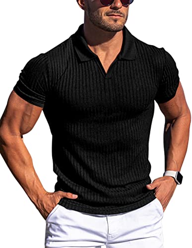 Gnvviwl Men's Muscle V Neck Polo Shirts Slim Fit Short Sleeve Cotton Golf T-Shirts Ribbed Knit Soft Tees Black