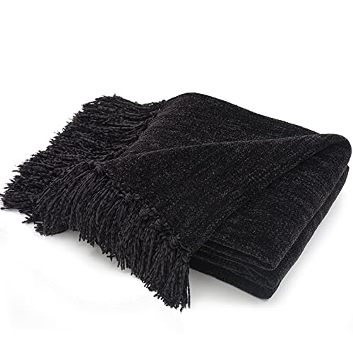 RECYCO Throw Blanket Soft Cozy Chenille Throw Blanket with Fringe Tassel for Couch Sofa Chair Bed Living Room Gift (Black, 50'' x 60'')