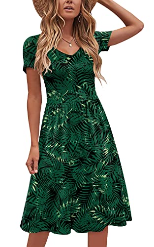 DB MOON Women 2023 Casual Summer Dresses Plus Size V Neck Short Sleeve Knee Length Dress with Pockets (Green Leaf Black, XL)