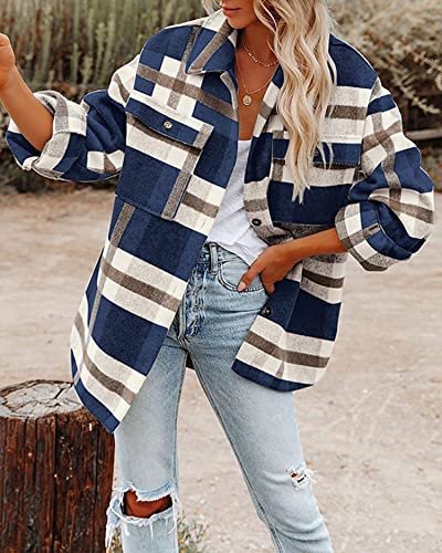 Blansdi Women’s Casual Plaid Flannel Shacket Jacket Oversized Button Down Long Sleeve Fall Shirt Jacket Coat Tops