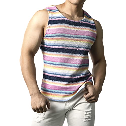 JOGAL Mens Rainbow Striped Sleeveless Shirts Multicolored Casual Tank Tops Navy Small