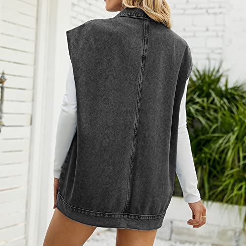 PAODIKUAI Women's Denim Vest Mid Long Jean Vest Sleeveless Jackets Distressed Vest Cotton (A-black, X-Large)