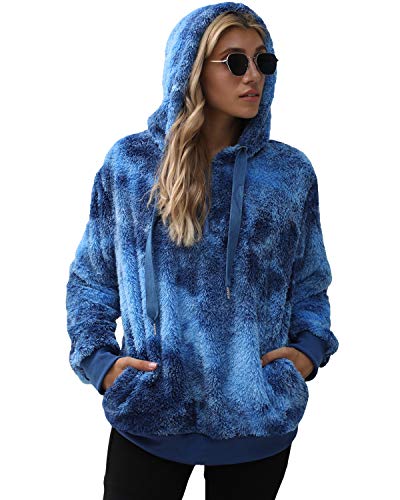 ReachMe Womens Oversized Sherpa Pullover Hoodie with Pockets Fuzzy Fleece Sweatshirt Buffalo Plaid Fluffy Coat(B Blue,3XL)