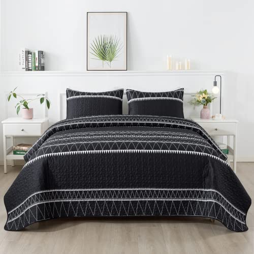 Andency Black Quilt Set Twin (68x86 Inch), 2 Pieces(1 Striped Triangle Printed Quilt and 1 Pillowcase), Bohemian Summer Lightweight Reversible Microfiber Bedspread Coverlet Sets