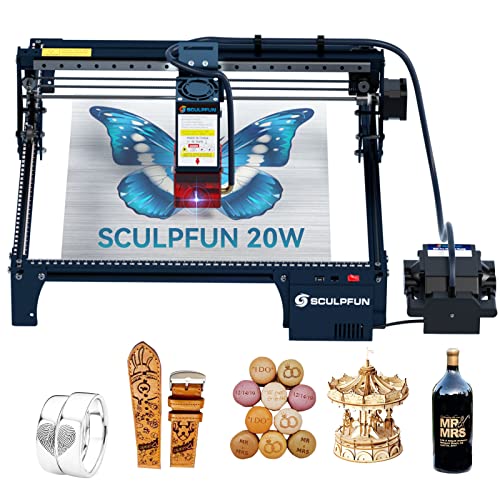 Sculpfun S30 Pro Max Lasergravur Maschine 20W, Laser Graviermaschine metall, Automatische Luftassistent 30L/min, Industrieschiene, Limitschalter, Farbige Metallstich, Einstellbarer Augenschutz