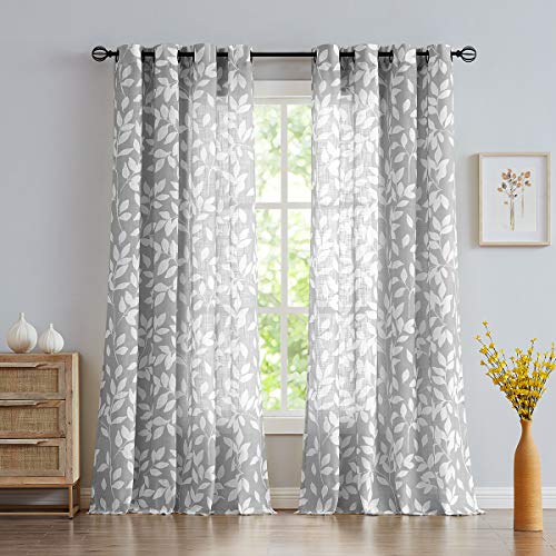 Treatmentex White and Grey Curtains for Bedroom 54" Long Leaf Print Curtains for Windows Semi-Sheers, Grommet Top, 2 Panels