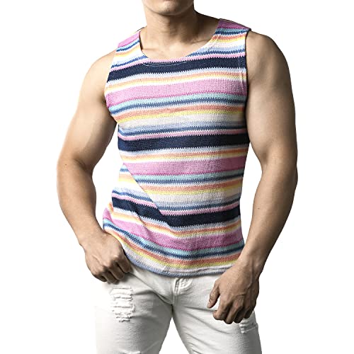 JOGAL Mens Rainbow Striped Sleeveless Shirts Multicolored Casual Tank Tops Navy Small