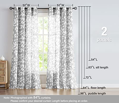 Treatmentex White and Grey Curtains for Bedroom 54" Long Leaf Print Curtains for Windows Semi-Sheers, Grommet Top, 2 Panels