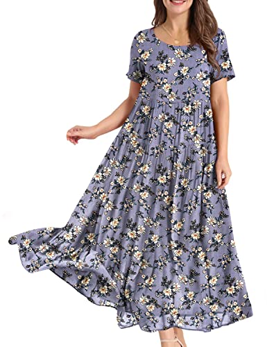 YESNO Women Casual Loose Bohemian Floral Dress with Pockets Short Sleeve Long Maxi Summer Beach Swing Dress 5XL EJF CR08 Purple