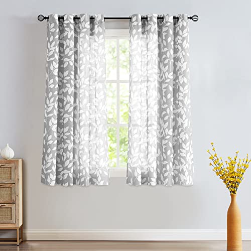 Treatmentex White and Grey Curtains for Bedroom 54" Long Leaf Print Curtains for Windows Semi-Sheers, Grommet Top, 2 Panels