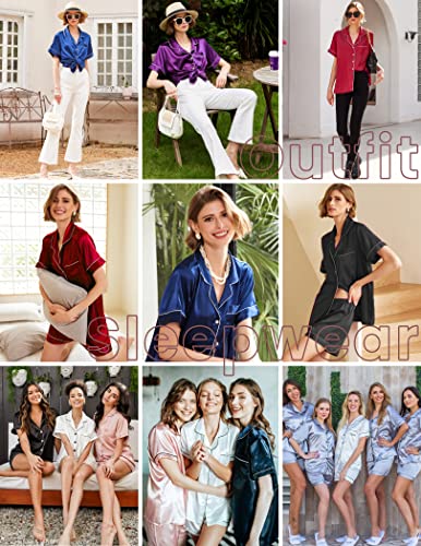 Ekouaer Pajamas Women Satin Button Up Nightwear Summer Cute Pjs Silk Loungewear Gift Set Bridal Party Light Brown,M
