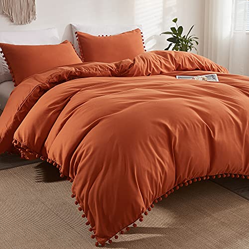 Andency Pom Pom Fringe Duvet Cover King Size (104x90 Inch), 3 Pieces (1 Solid Orange Duvet Cover, 2 Pillowcases) Soft Washed Microfiber Duvet Cover Set with Zipper Closure, Corner Ties