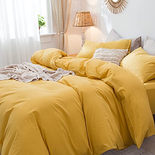 MooMee Bedding Duvet Cover Set 100% Washed Cotton Linen Like Textured Breathable Durable Soft Comfy (Yellow, Queen)