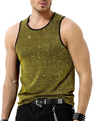 Arjen Kroos Men's Sequin Sleeveless Tank Top Sparkly Rave Metallic T-Shirt,gold-AK3311,Medium