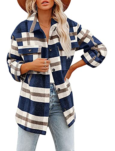 Blansdi Women’s Casual Plaid Flannel Shacket Jacket Oversized Button Down Long Sleeve Fall Shirt Jacket Coat Tops