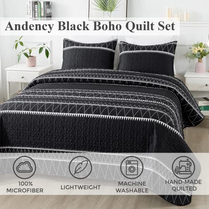 Andency Black Quilt Set Twin (68x86 Inch), 2 Pieces(1 Striped Triangle Printed Quilt and 1 Pillowcase), Bohemian Summer Lightweight Reversible Microfiber Bedspread Coverlet Sets