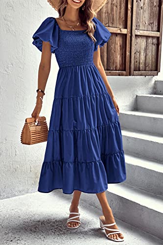 PRETTYGARDEN Women's Casual Summer Midi Dress Puffy Short Sleeve Square Neck Smocked Tiered Ruffle Dresses (Blue,Medium)