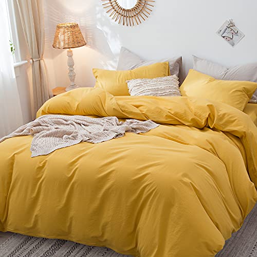 MooMee Bedding Duvet Cover Set 100% Washed Cotton Linen Like Textured Breathable Durable Soft Comfy (Yellow, Queen)