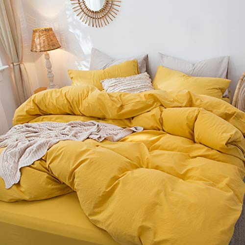 MooMee Bedding Duvet Cover Set 100% Washed Cotton Linen Like Textured Breathable Durable Soft Comfy (Yellow, Queen)