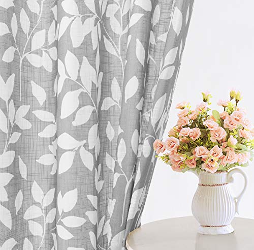 Treatmentex White and Grey Curtains for Bedroom 54" Long Leaf Print Curtains for Windows Semi-Sheers, Grommet Top, 2 Panels