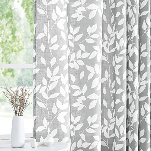 Treatmentex White and Grey Curtains for Bedroom 54" Long Leaf Print Curtains for Windows Semi-Sheers, Grommet Top, 2 Panels