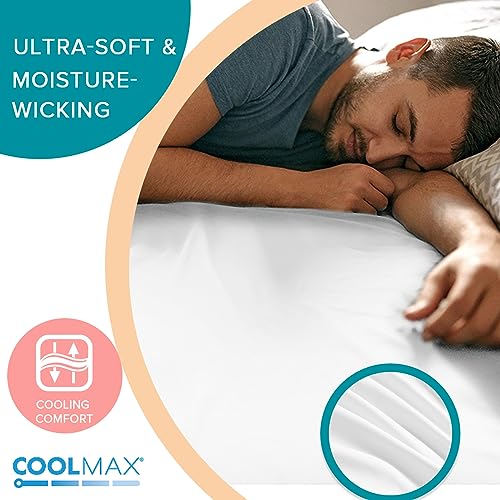 Comfort Spaces Coolmax Moisture Wicking Fitted Sheet ONLY Super Soft, Fade Resistant, All Elastic Deep Pocket Fits Up to 16" Mattress - Warm Weather Cooling Sheets for Night Sweats, Full, White