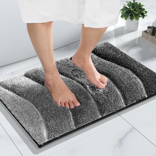 Yimobra Bathroom Rugs, Luxury Plush & Fluffy Bath Mats Non Slip, Extra Thick Microfiber Bathroom Mat Quick Dry, Anti Skid Shaggy Bath Rugs, Soft, Absorbent, Machine Washable, 24" x 17", Black