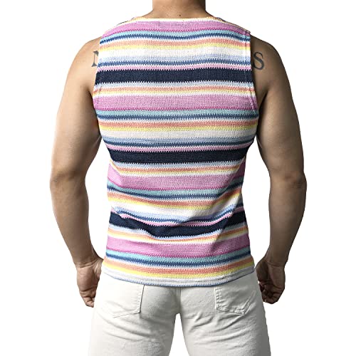 JOGAL Mens Rainbow Striped Sleeveless Shirts Multicolored Casual Tank Tops Navy Small