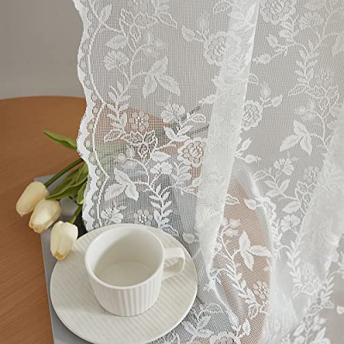 FINECITY Ivory Lace Curtains 45 Inch Length, Country Lace Sheer Curtains Short for Windows, Privacy Vintage Lace Curtain Panels for Kitchen, 52 x 45 Inch, Ivory, 2 Panels