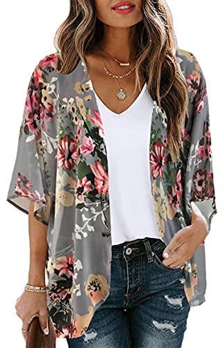 Women's Floral Print Puff Sleeve Kimono Cardigan Loose Cover Up Casual Blouse Tops (Dark Grey, S)