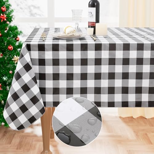 misaya Rectangle Waterproof Vinyl Table Cloth, Buffalo Flannel Backed Tablecloth, Wipeable Plastic Table Cover for Dinner, Kitchen, Outdoor, (60" x 84", Black and White)