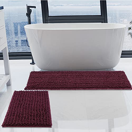 H.VERONNEX Luxury Chenille Burgundy Bathroom Rugs Sets 2 Piece, Thickened Hot Melt Rubber Bottom Bath Mats for Bathroom Non Slip,Bath Rugs Quick Dry Machine Washable for Shower Mat,Puppy-Loved Mat