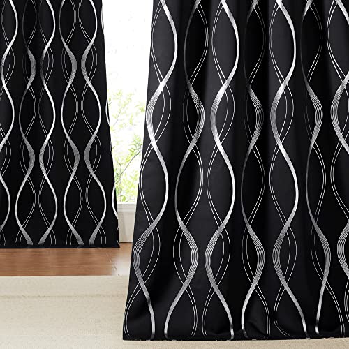 NICETOWN Halloween Blackout Curtains for Patio, 1 Pair, 52 inches by 90 inches, Black, Foil Printed Wave Lines Home Decoration Thermal Insulated Grommet Draperies/Drapes for Large Window Living Room