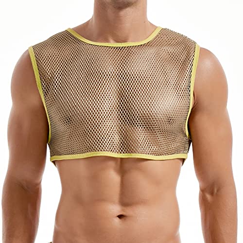 FIROTTII Men's Sexy Mesh Fishnet Vest See Through Muscle Crop Tank Tops T Shirts(Gold S)