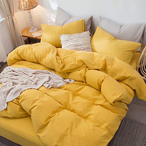 MooMee Bedding Duvet Cover Set 100% Washed Cotton Linen Like Textured Breathable Durable Soft Comfy (Yellow, Queen)