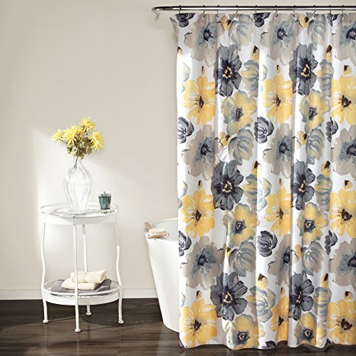 Lush Decor Leah Shower Curtain-Bathroom Flower Floral Large Blooms Fabric Print Design, 72" x 72", Yellow and Gray