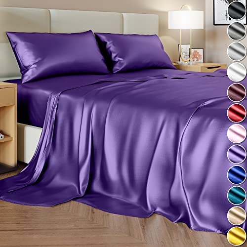 DECOLURE Satin Sheets King Size (4 Pieces, 8 Colors), Silky Satin Sheet Set -Satin Bed Set with 2 Pillowcase, Satin Fitted Sheet - Purple Satin Sheets, King Size Satin Sheets, Satin Bed Sheets King
