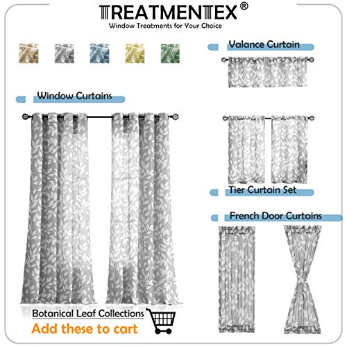 Treatmentex White and Grey Curtains for Bedroom 54" Long Leaf Print Curtains for Windows Semi-Sheers, Grommet Top, 2 Panels