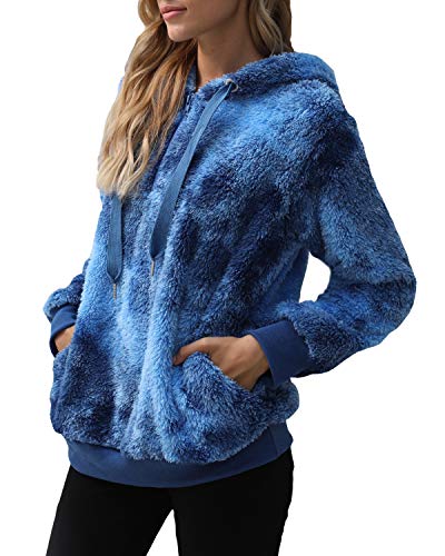 ReachMe Womens Oversized Sherpa Pullover Hoodie with Pockets Fuzzy Fleece Sweatshirt Buffalo Plaid Fluffy Coat(B Blue,3XL)