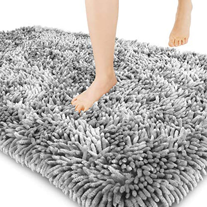 Yimobra Bathroom Rug Mat 24 x 17 Inch, Extra Soft and Absorbent Luxury Chenille Shaggy Bath Rugs Non Slip, Machine Washble Dry, Plush Floor Carpet for Tub, Shower, and Bath Room, Light Gray