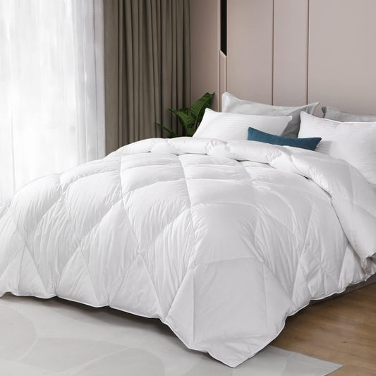 Cobnom Organic Feathers Down Comforter Queen Size, All Season Feathers Down Duvet Insert, Soft 100% Cotton Covered Bed Comforter Insert with Ties, Ivory White, 90x90