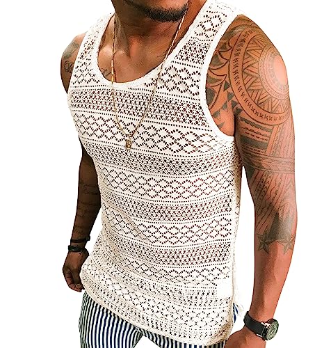 Syktkmx Mens See Through Vest Crewneck Sleeveless Tank Tops Muscle Sexy Mesh Shirts