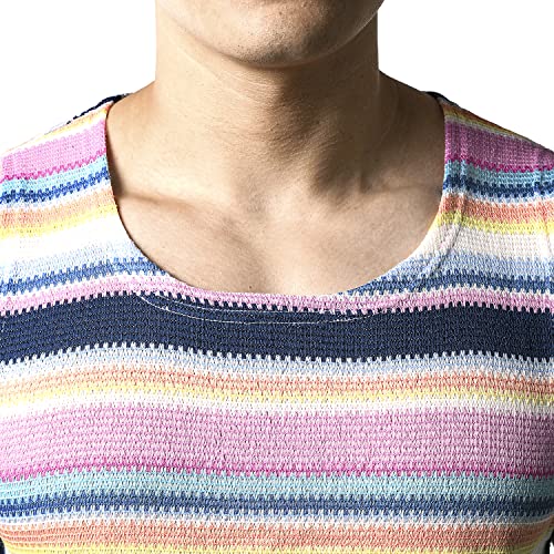 JOGAL Mens Rainbow Striped Sleeveless Shirts Multicolored Casual Tank Tops Navy Small